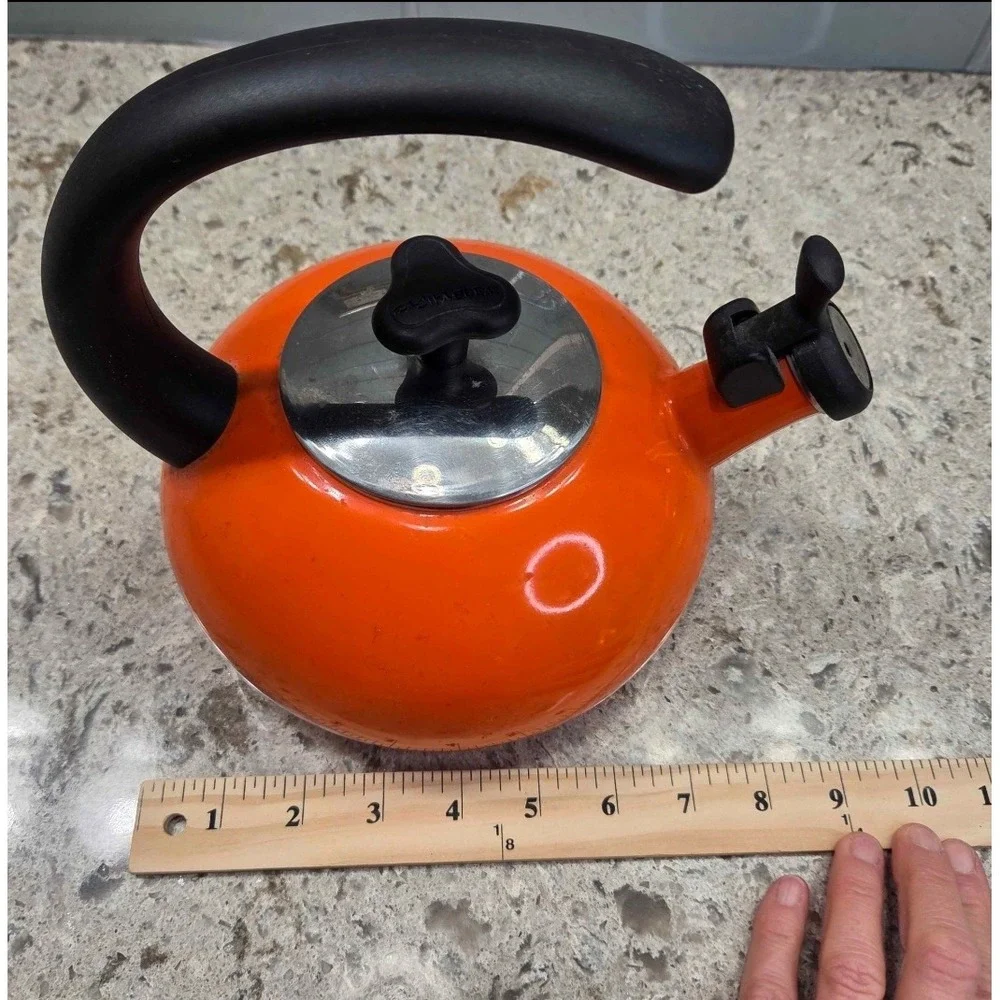 VINTAGE Rachel Ray Orange Enamel Whistling Tea Kettle Stovetop 1.5 Quart Retro